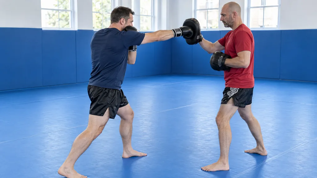An adult practising a controlled straight punch on a focus mitt