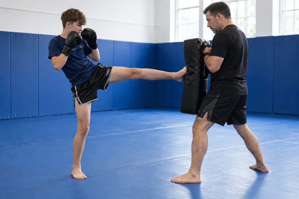 A teenager practising a controlled side kick into a coach's kick shield