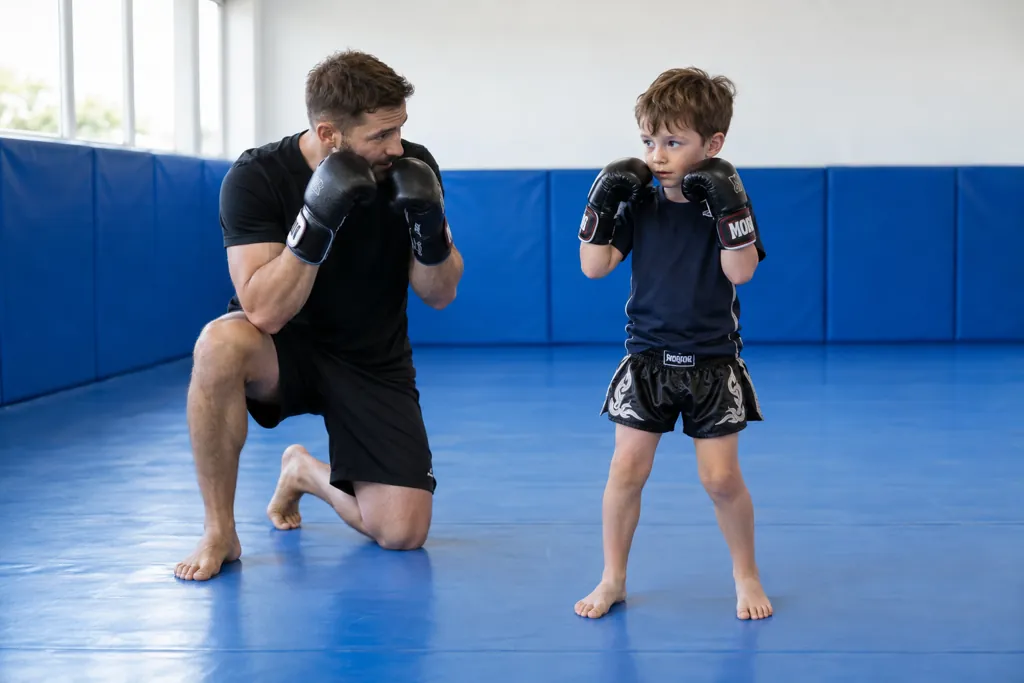 A young child copying a balanced Muay Thai guard beside a kneeling coach