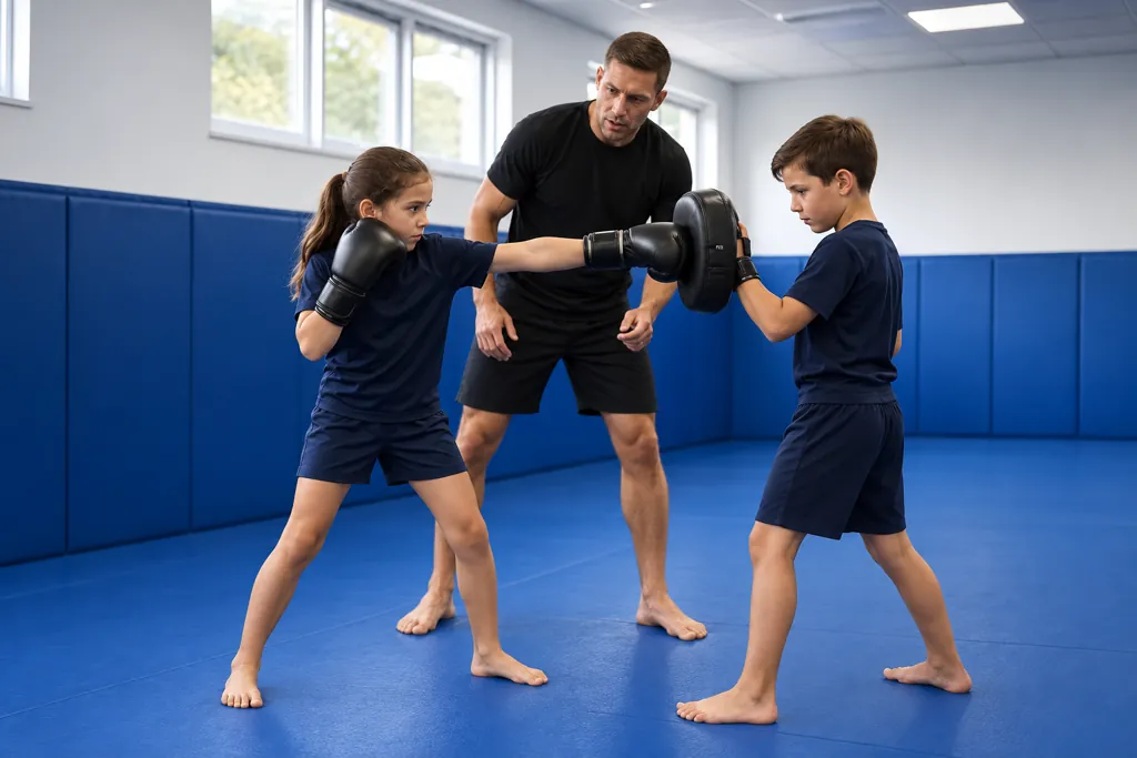Two children practising a controlled punch into a focus mitt with a coach