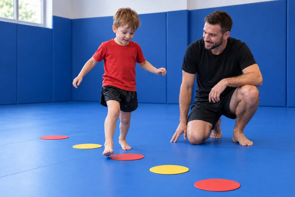 A young child stepping between floor markers to practise balance