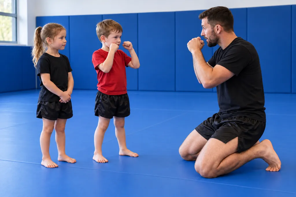 Young children listening to a coach and taking turns copying a guard