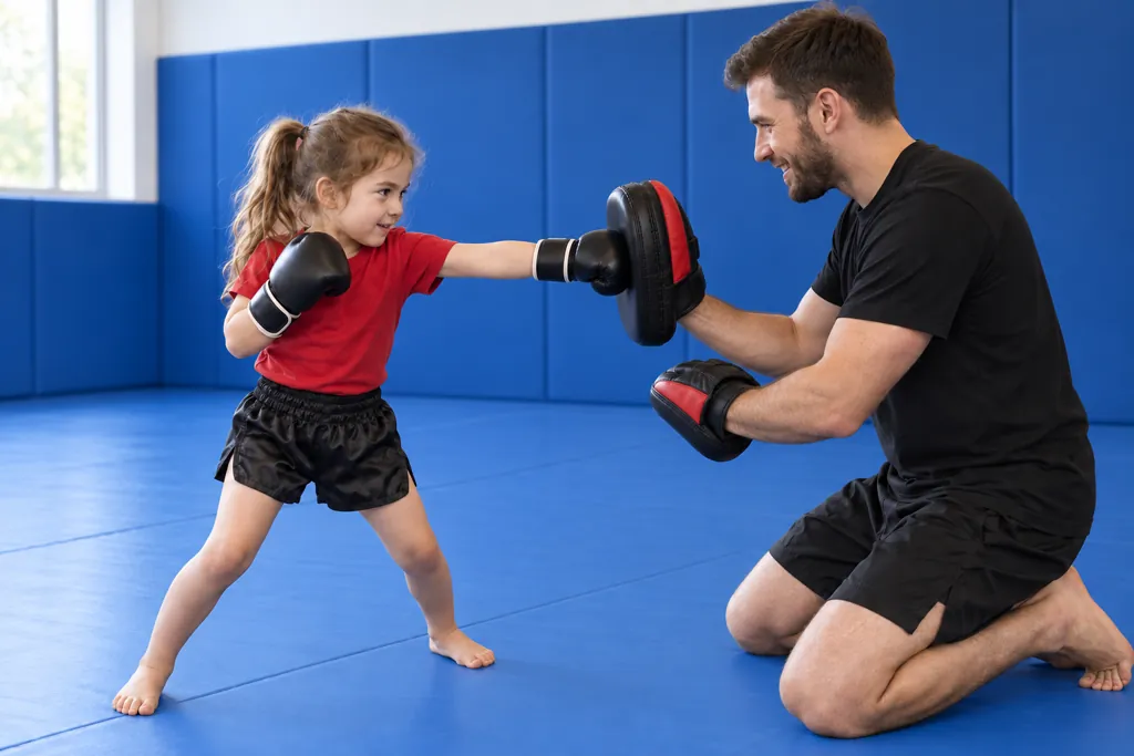 A young child making a controlled punch into a coach's focus mitt