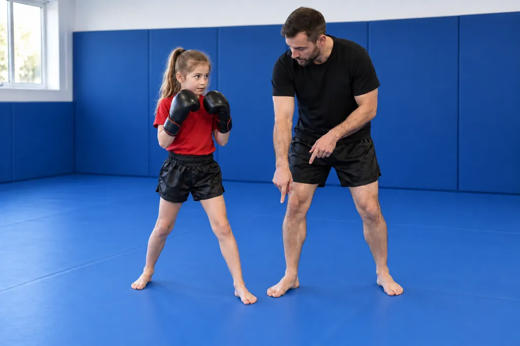 A child learning a balanced Muay Thai stance with a coach