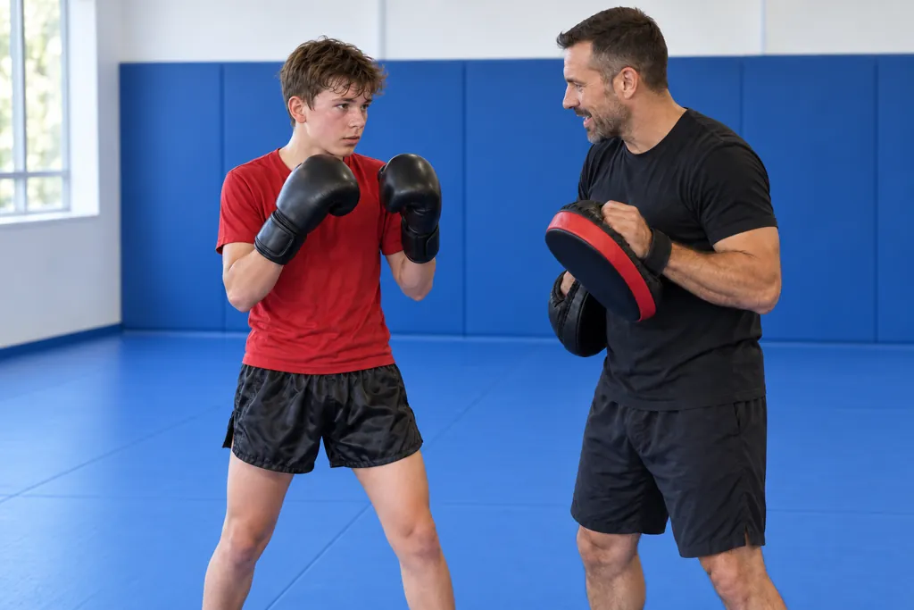 A teenager resetting their guard between pad rounds