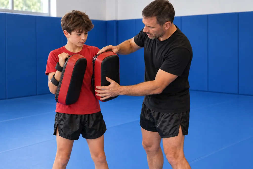 A teenage beginner learning how to hold Thai pads with a coach