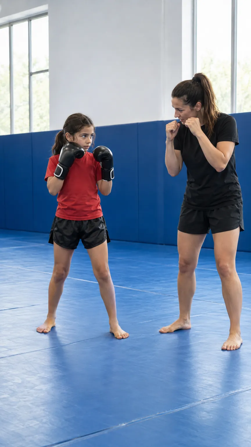 A child learning a Muay Thai guard beside a coach