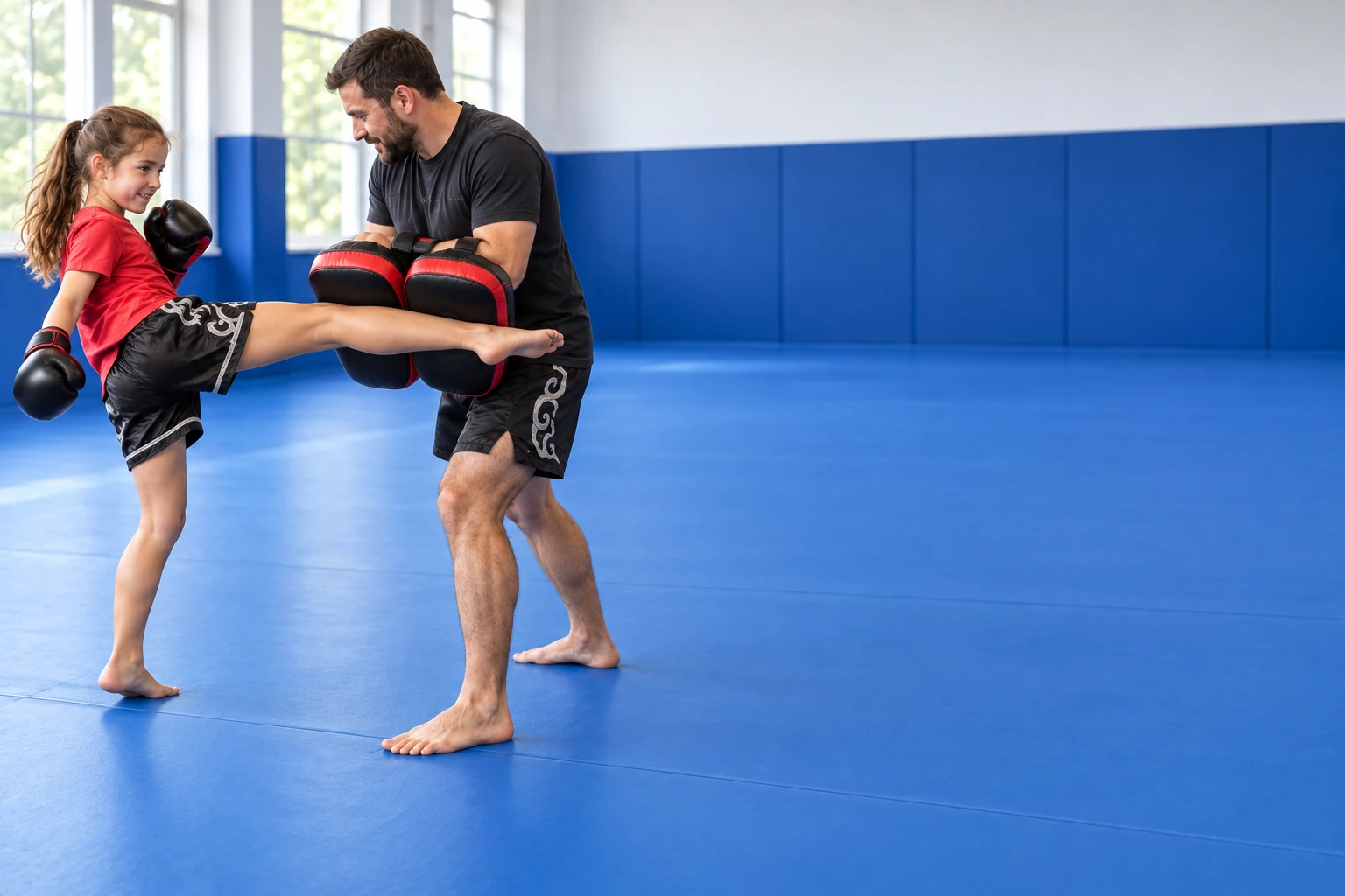 A child practising a controlled shin kick on Thai pads with a coach