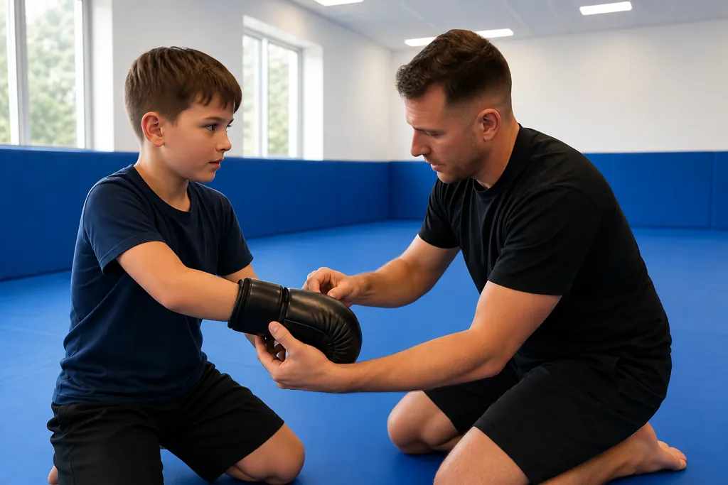 A Muay Thai coach checking a child's boxing glove before training