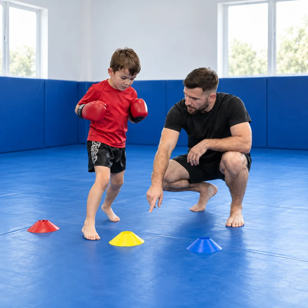 A young child practising a footwork game with a coach